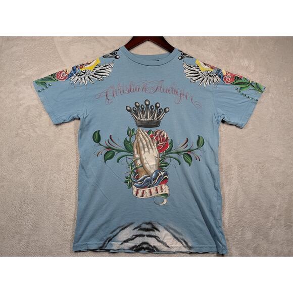 Christian Audigier Y2K All Over Print Blue Shirt SMALL Faith Graphic Made in USA - Picture 1 of 6